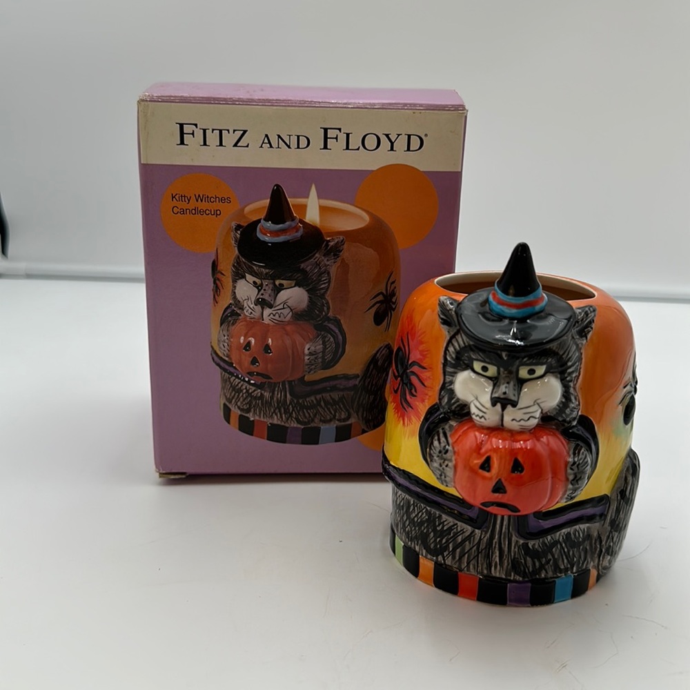 Vintage Fitz & Floyd Halloween Essentials Kitty Witches Candle Holder